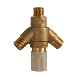 Brass thermostatic mixing valve with two angled outlet ports and central inlet connection, featuring white plastic base.