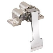 Stainless steel knee-operated valve with white pedal and dual cylindrical components mounted on base.