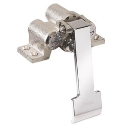 Stainless steel knee-operated valve with white pedal and dual cylindrical components mounted on base.