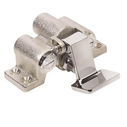 Stainless steel foot valve with dual cylindrical bodies and single pedal control mechanism mounted on base plate.