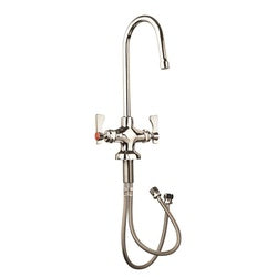 Chrome faucet with curved gooseneck spout, dual handles, and hose attachment below.