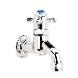 Chrome wall-mounted lavatory faucet with dual handles, self-closing valve, and curved spout.