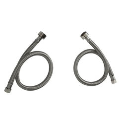 Two gray flexible supply hoses with metal connectors coiled in loops.