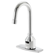 Chrome deck mount faucet with curved gooseneck spout and rectangular base plate.