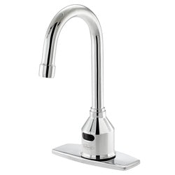 Chrome deck mount faucet with curved gooseneck spout and rectangular base plate.