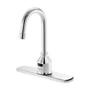 Chrome single-hole deck-mounted sensor faucet with gooseneck spout and rectangular base plate.