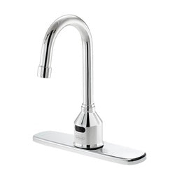 Chrome single-hole deck-mounted sensor faucet with gooseneck spout and rectangular base plate.