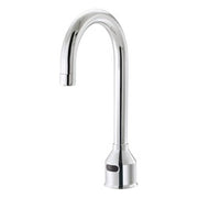 Chrome deck mount faucet with tall gooseneck spout and electronic sensor control.
