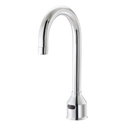 Chrome deck mount faucet with tall gooseneck spout and electronic sensor control.