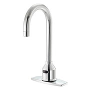 Chrome single-hole deck mount faucet with curved gooseneck spout and rectangular base plate.