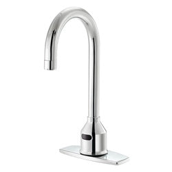Chrome single-hole deck mount faucet with curved gooseneck spout and rectangular base plate.