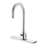 Chrome deck-mounted sensor faucet with curved gooseneck spout and rectangular base plate.