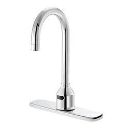 Chrome deck-mounted sensor faucet with curved gooseneck spout and rectangular base plate.
