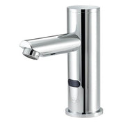 Polished chrome electronic faucet with cylindrical tower body and straight horizontal spout extending from center.