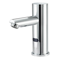 Polished chrome electronic faucet with cylindrical tower body and straight horizontal spout extending from center.
