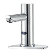 Chrome electronic faucet with single straight spout, vertical cylindrical body, and rectangular base deck plate.