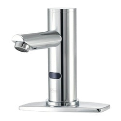 Chrome electronic faucet with single straight spout, vertical cylindrical body, and rectangular base deck plate.