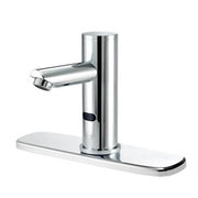Chrome single-hole deck-mounted sensor faucet with cylindrical body, extended spout, and rectangular base plate.