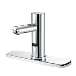 Chrome single-hole deck-mounted sensor faucet with cylindrical body, extended spout, and rectangular base plate.