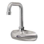 Stainless steel wall-mounted faucet with curved spout and electronic sensor control below spout.