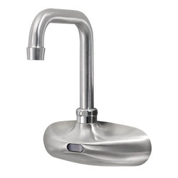 Stainless steel wall-mounted faucet with curved spout and electronic sensor control below spout.