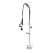 Stainless steel wall-mounted pre-rinse faucet with curved spout and coiled hose.