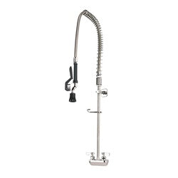 Stainless steel wall-mounted pre-rinse faucet with curved spout and coiled hose.