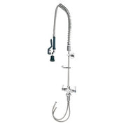 Chrome deck-mounted pre-rinse faucet with flexible hose and hook-style spray head.