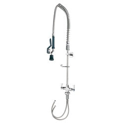 Chrome deck-mounted pre-rinse faucet with flexible hose and hook-style spray head.