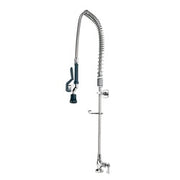 Chrome pre-rinse faucet with curved spout, coiled hose, and wall-mounted bracket for deck installation.