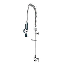 Chrome pre-rinse faucet with curved spout, coiled hose, and wall-mounted bracket for deck installation.