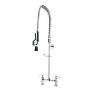 Chrome pre-rinse faucet with flexible hose, spray head, and deck-mount base with two handles.
