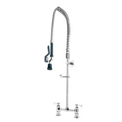 Chrome pre-rinse faucet with flexible hose, spray head, and deck-mount base with two handles.