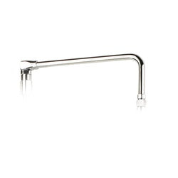 Chrome swivel arm with mounting bracket and connection points on white background.