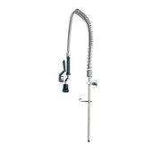 Chrome pre-rinse faucet with coiled spray hose and adjustable mounting bracket.