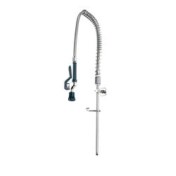 Chrome pre-rinse faucet with coiled spray hose and adjustable mounting bracket.