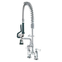Stainless steel deck-mount pre-rinse faucet with coiled spray hose and 8-inch spout.