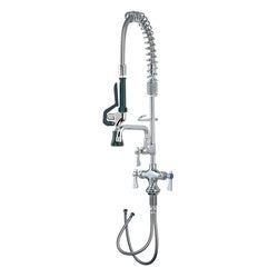 Stainless steel deck-mount pre-rinse faucet with coiled spray hose and 8-inch curved spout.