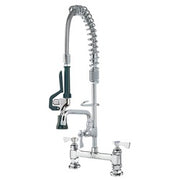Chrome deck mount pre-rinse faucet with coiled spray head and single lever control.