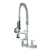 Wall-mounted commercial pre-rinse faucet with coiled spray hose, 8-inch spout, and black handle.