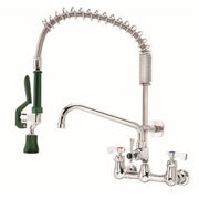 Stainless steel pre-rinse faucet with coiled hose, green handle, and 12-inch spout mounted on sink deck.
