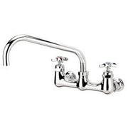 Chrome wall-mounted faucet with curved spout and dual handles on white background.