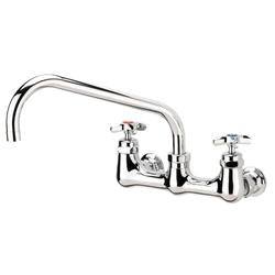 Chrome wall-mounted faucet with curved spout and dual handles on white background.