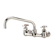 Chrome wall mount faucet with dual handles and curved 14-inch spout.