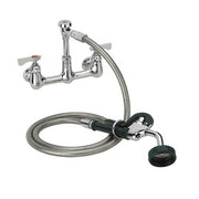 Chrome wall-mounted utility spray faucet with 8-inch center, flexible hose, and foot pedal control.