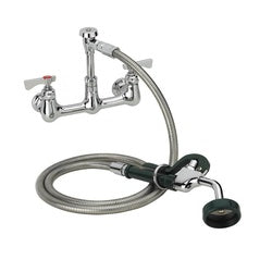 Chrome wall-mounted utility spray faucet with 8-inch center, flexible hose, and foot pedal control.