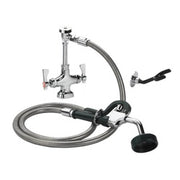 Stainless steel deck-mount utility spray faucet with curved arm, dual handles, and coiled hose with black spray head.