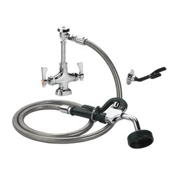 Stainless steel deck-mount utility spray faucet with curved arm, dual handles, and coiled hose with black spray head.