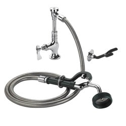 Chrome deck-mount utility spray with curved arm, hose, and foot pedal control.
