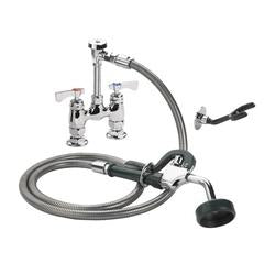 Chrome deck-mount utility spray faucet with curved spout, flexible hose, and foot pedal control.
